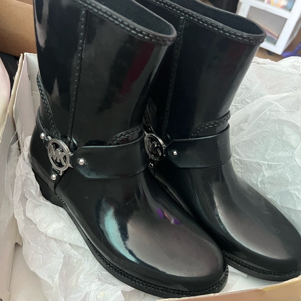 MICHAEL Michael Kors Black Patent MK Harness Mid-Calf Boots